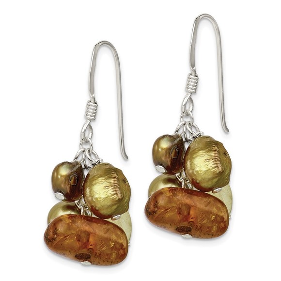 925 Sterling Silver Amber, Citrine FW Cultured Pearl Dangle Earrings 36 x 21 mm - Picture 2 of 4